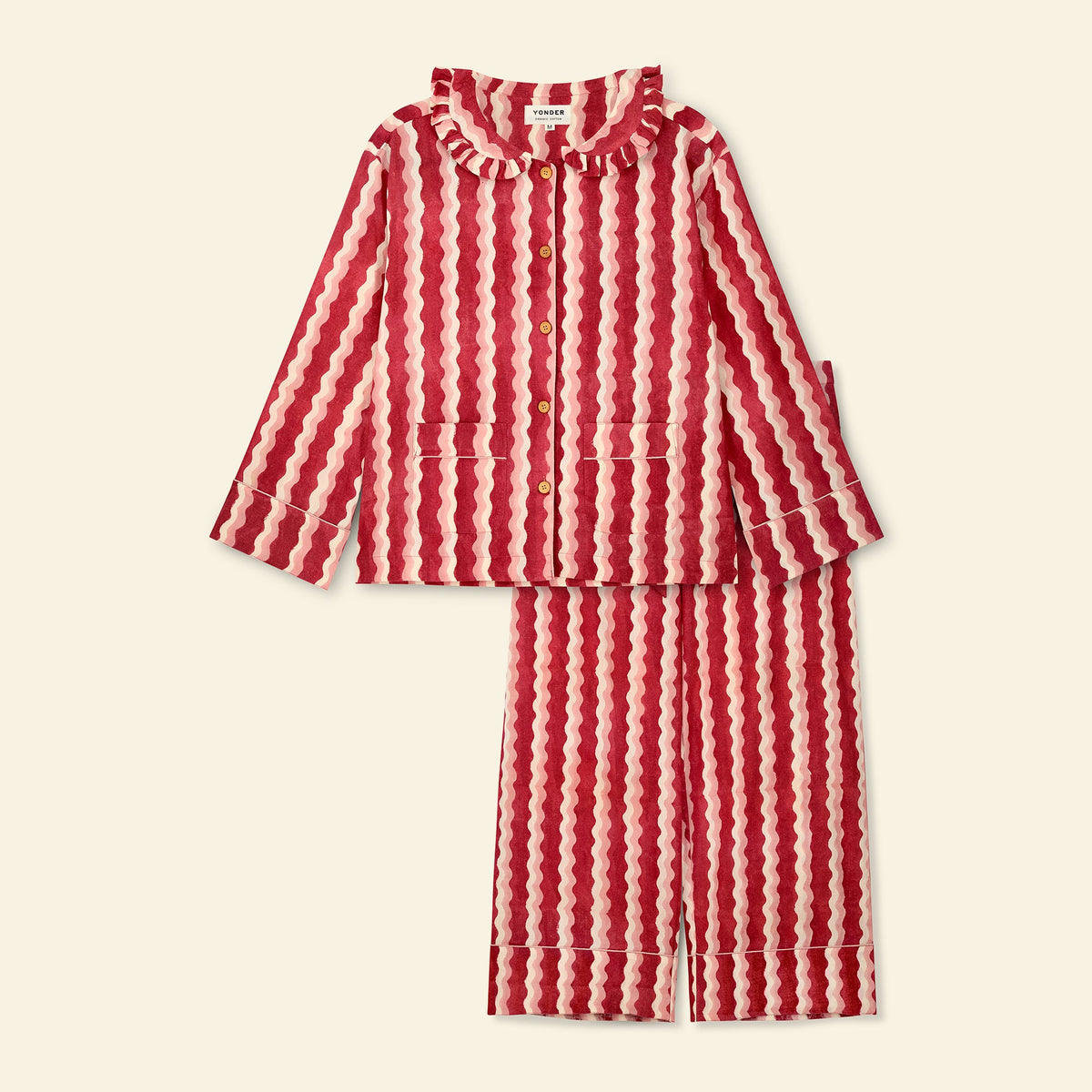 Yonder women's frill pyjama set in whirly jam, hand block-printed in Jaipur
