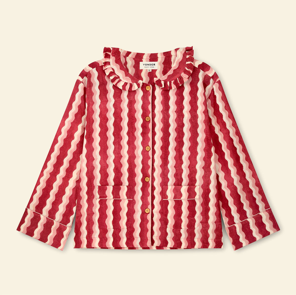 Yonder women's frill pyjama set in whirly jam, hand block-printed in Jaipur