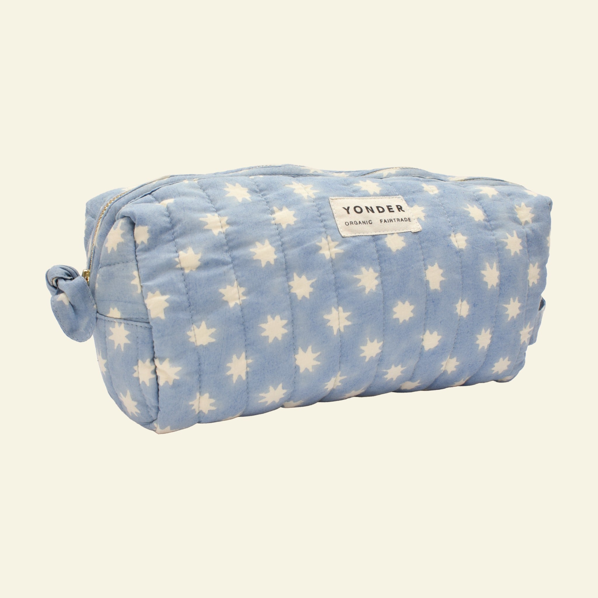 Yonder organic cotton Loaf wash bag in sky blue Cosmic star print, with brass zip, hand block-printed in Jaipur