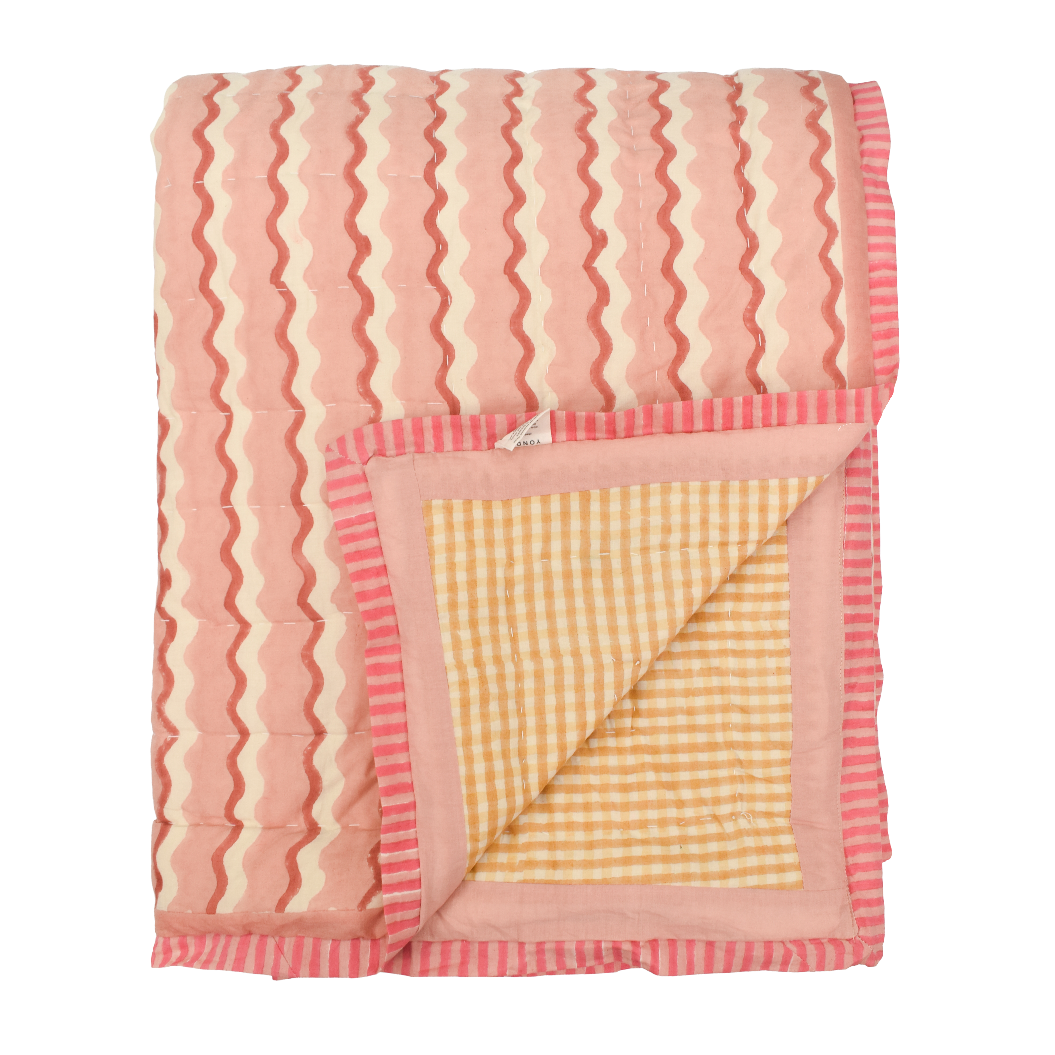 Cotton quilt printed with pink and cream striped wave and yellow gingham patterns and pink striped border