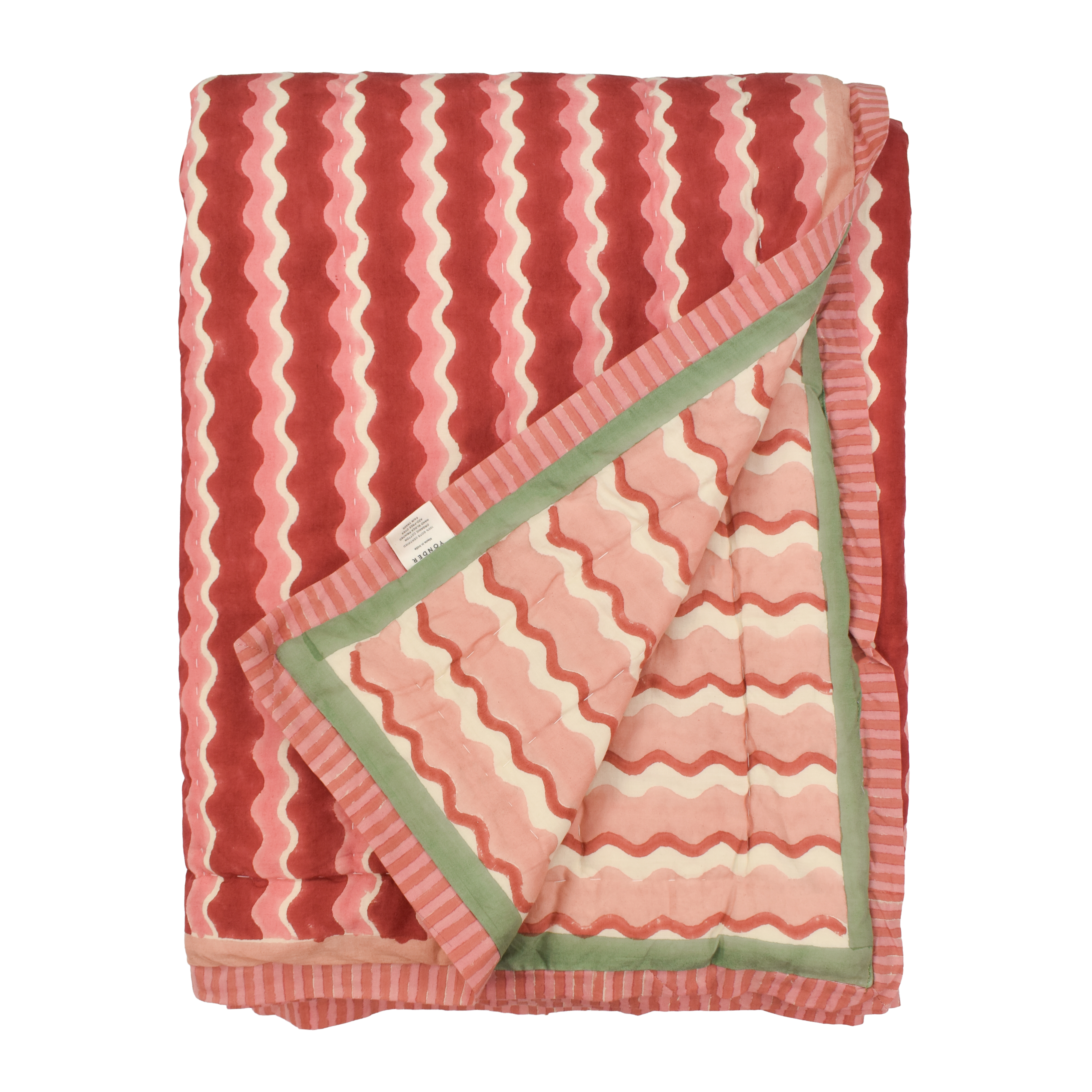 Cotton quilt printed with red and pink striped wave pattern and pink striped border