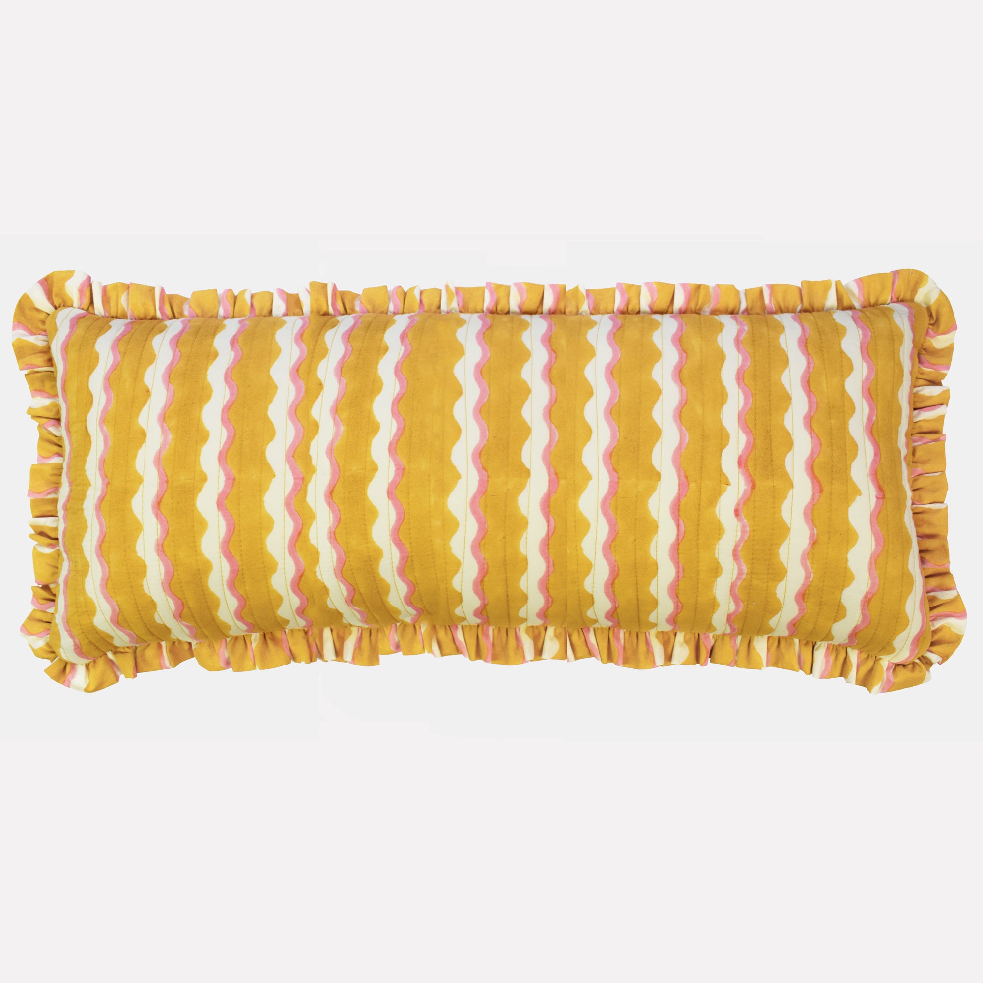 Long cotton quilted cushion printed with yellow and white striped wave pattern and frill border