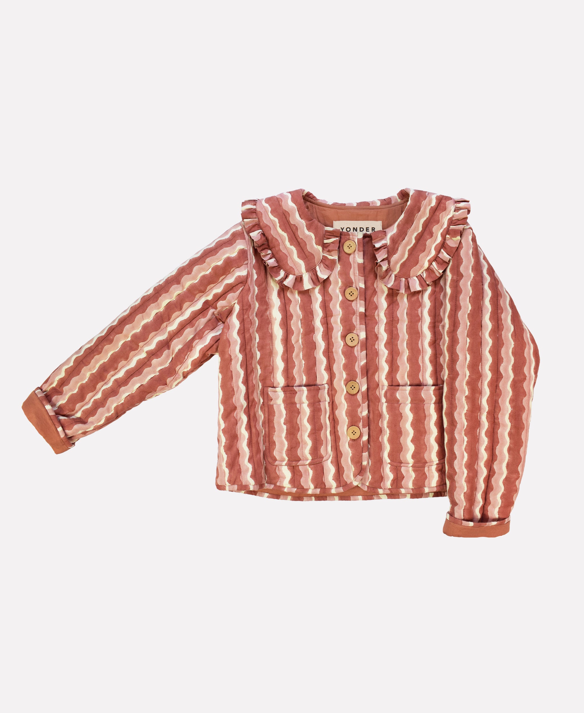 Cotton quilted jacket printed with pink striped wave pattern and frill collar