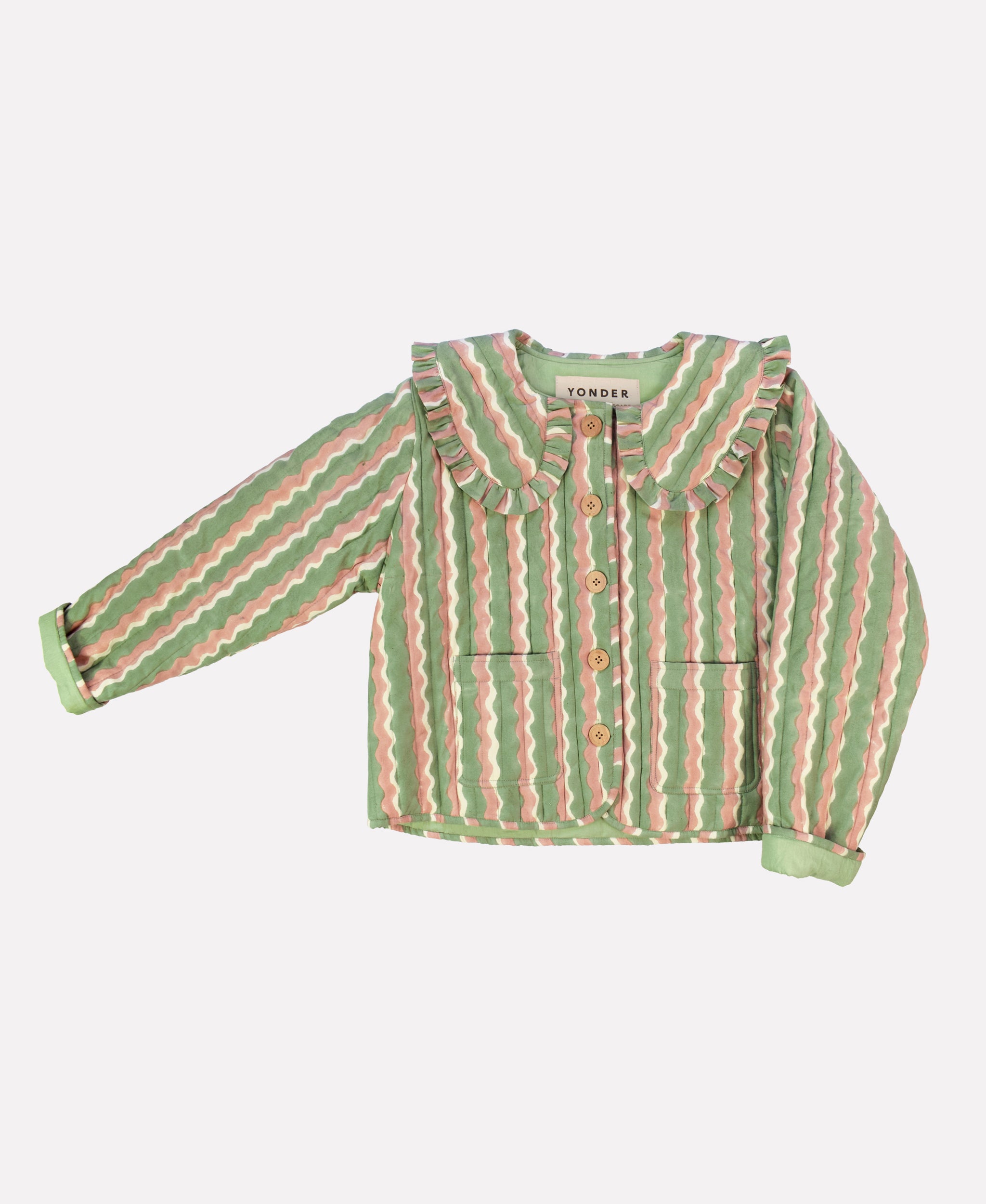 Cotton quilted jacket printed with mint green and pink striped wave pattern and frill collar